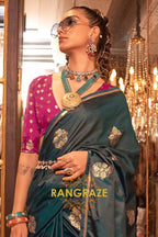 Deep Forest Green Banarasi Satin Silk Saree with Contrast Blouse