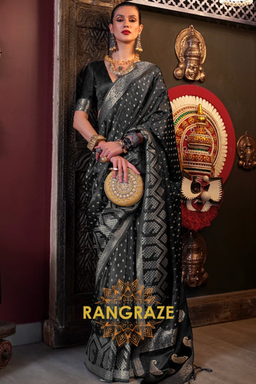 Mignight Black Woven Banarasi Satin Silk Saree