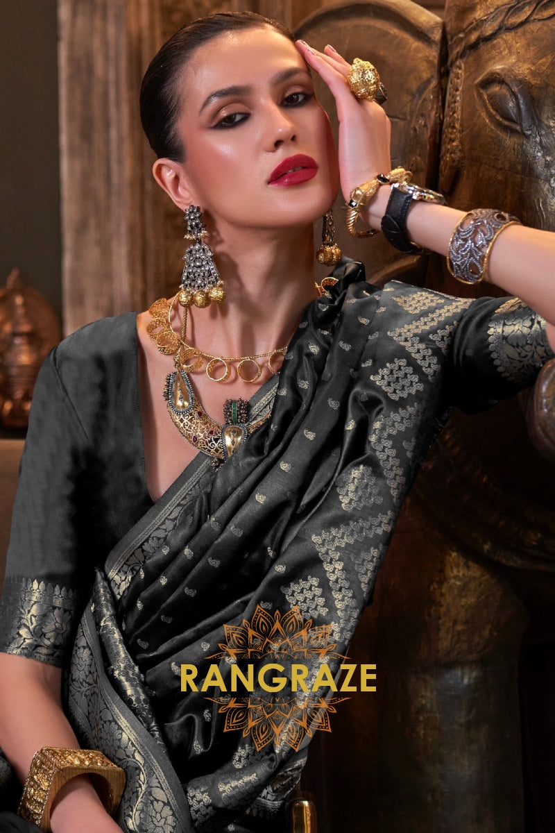 Mignight Black Woven Banarasi Satin Silk Saree