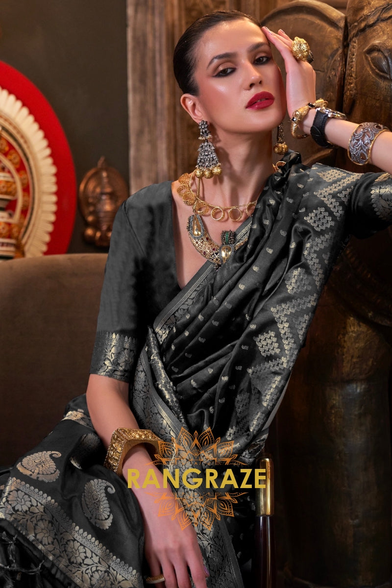 Mignight Black Woven Banarasi Satin Silk Saree
