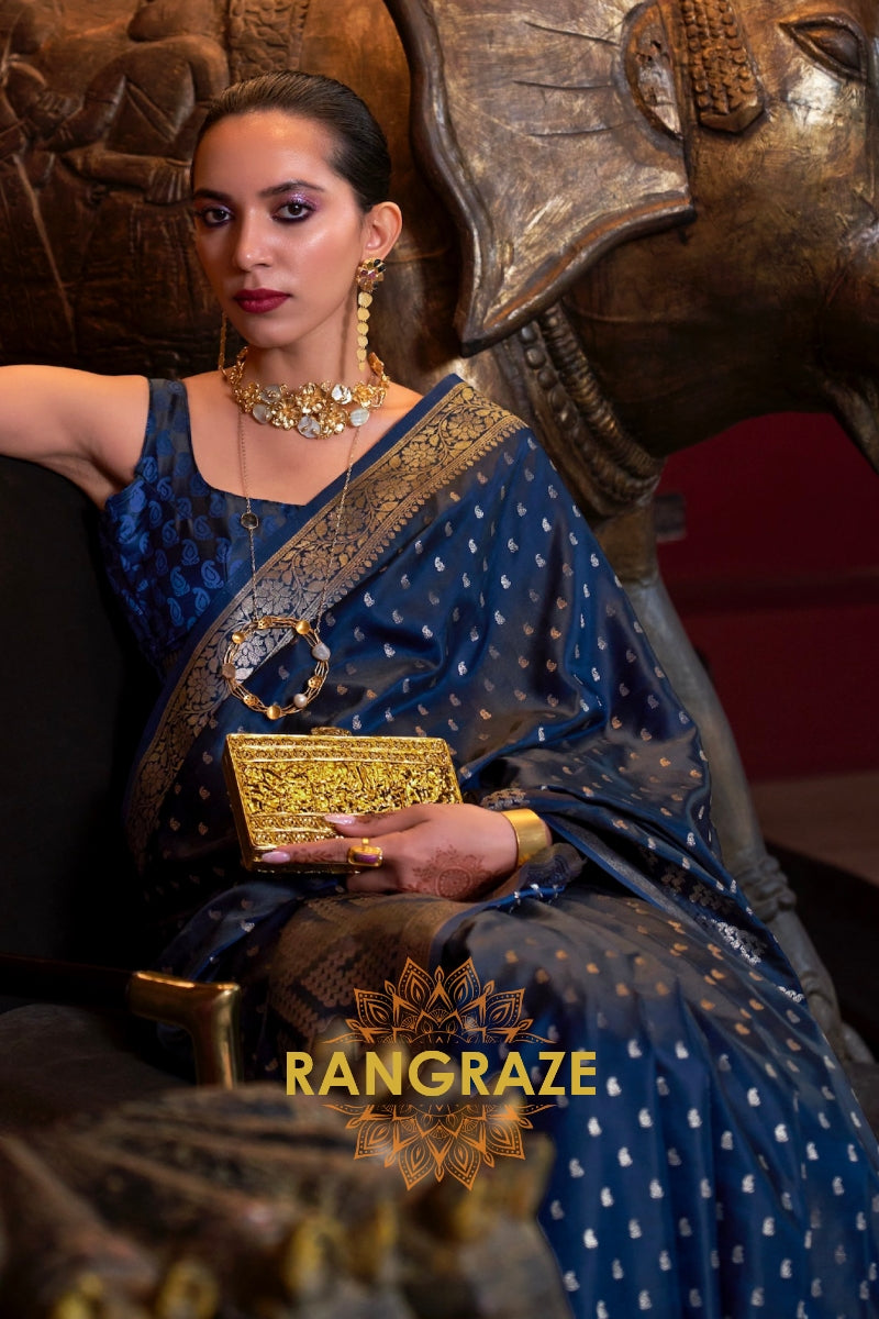 Navy Blue Woven Banarasi Satin Silk Saree