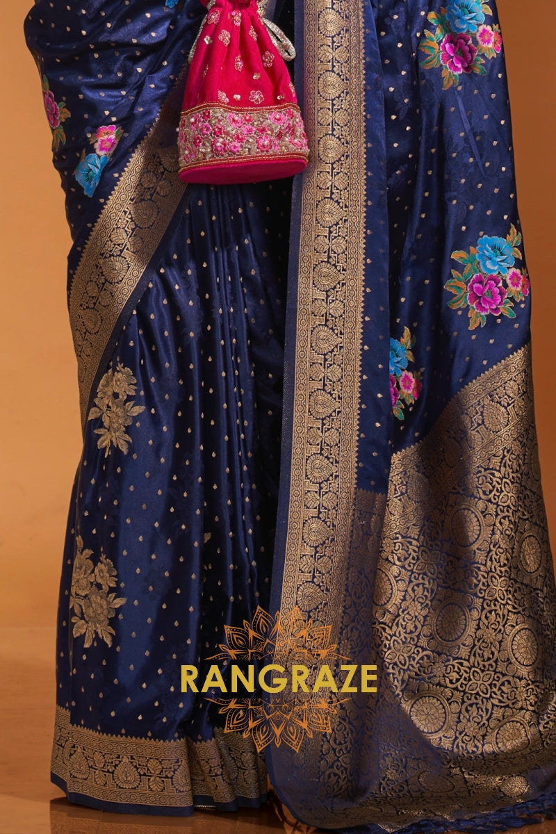 Midnight Sapphire Woven Banarasi Satin Silk Saree