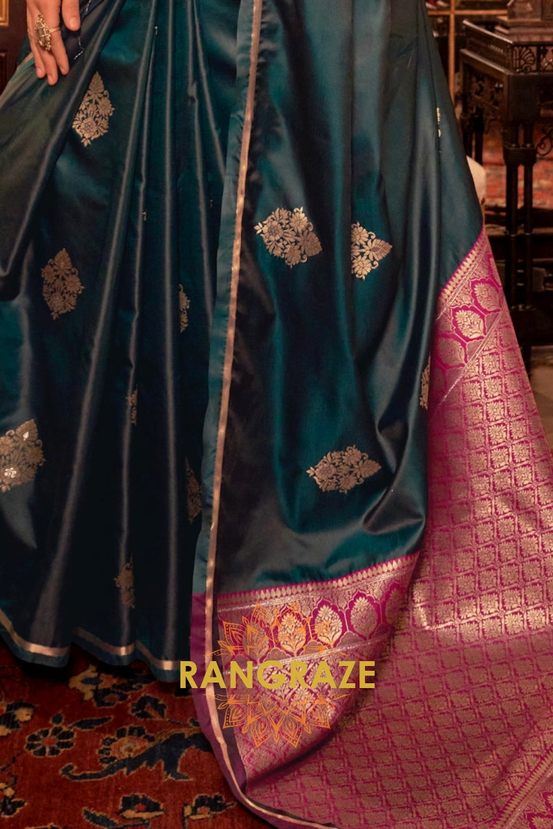 Deep Forest Green Banarasi Satin Silk Saree with Contrast Blouse