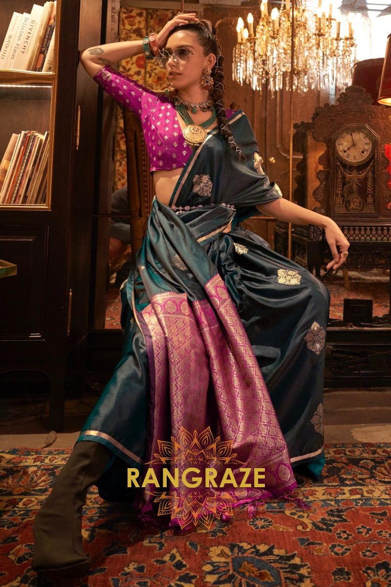 Deep Forest Green Banarasi Satin Silk Saree with Contrast Blouse
