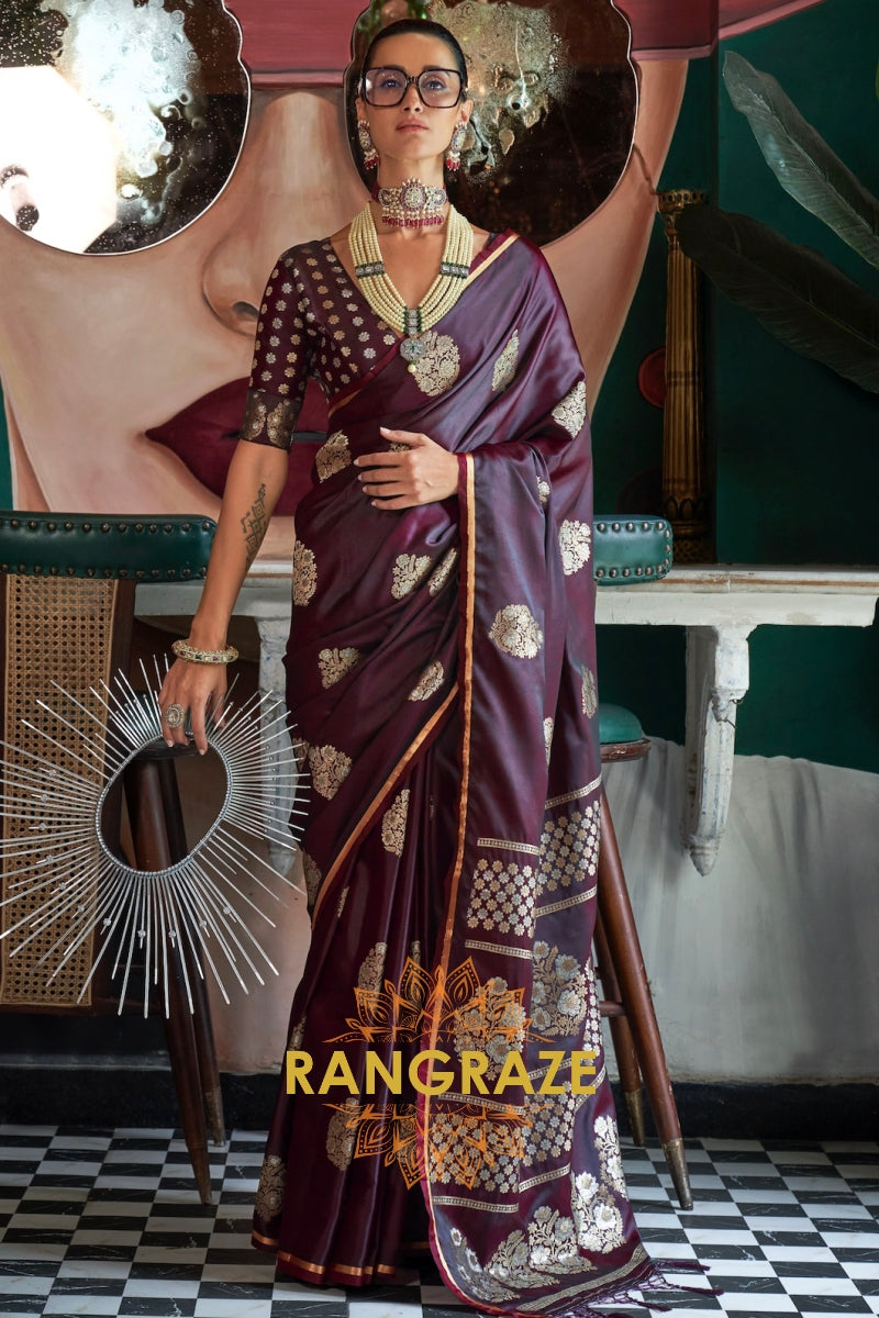 Wine Purple Woven Banarasi Satin Silk Saree