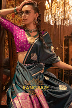 Deep Forest Green Banarasi Satin Silk Saree with Contrast Blouse