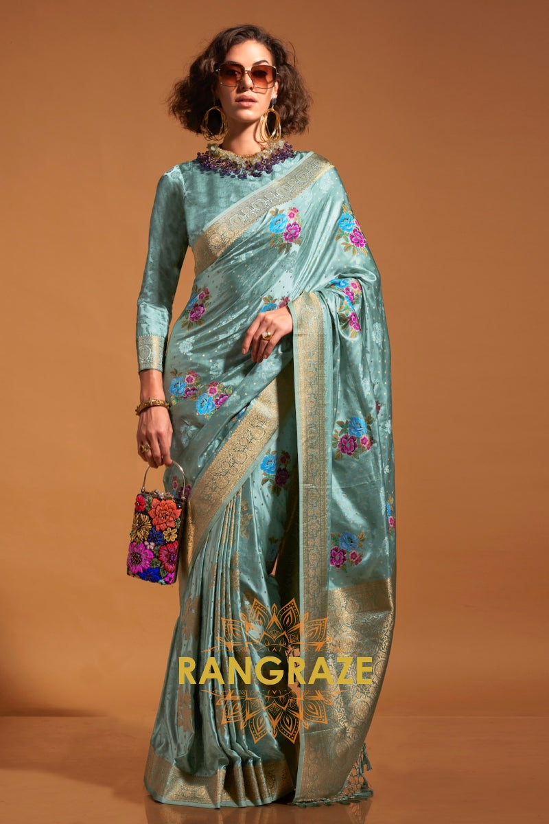 Mint Mist Woven Banarasi Satin Silk Saree