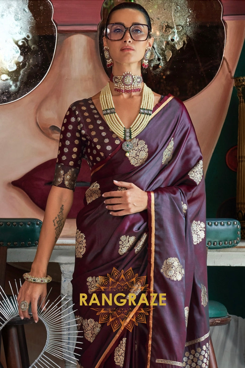 Wine Purple Woven Banarasi Satin Silk Saree