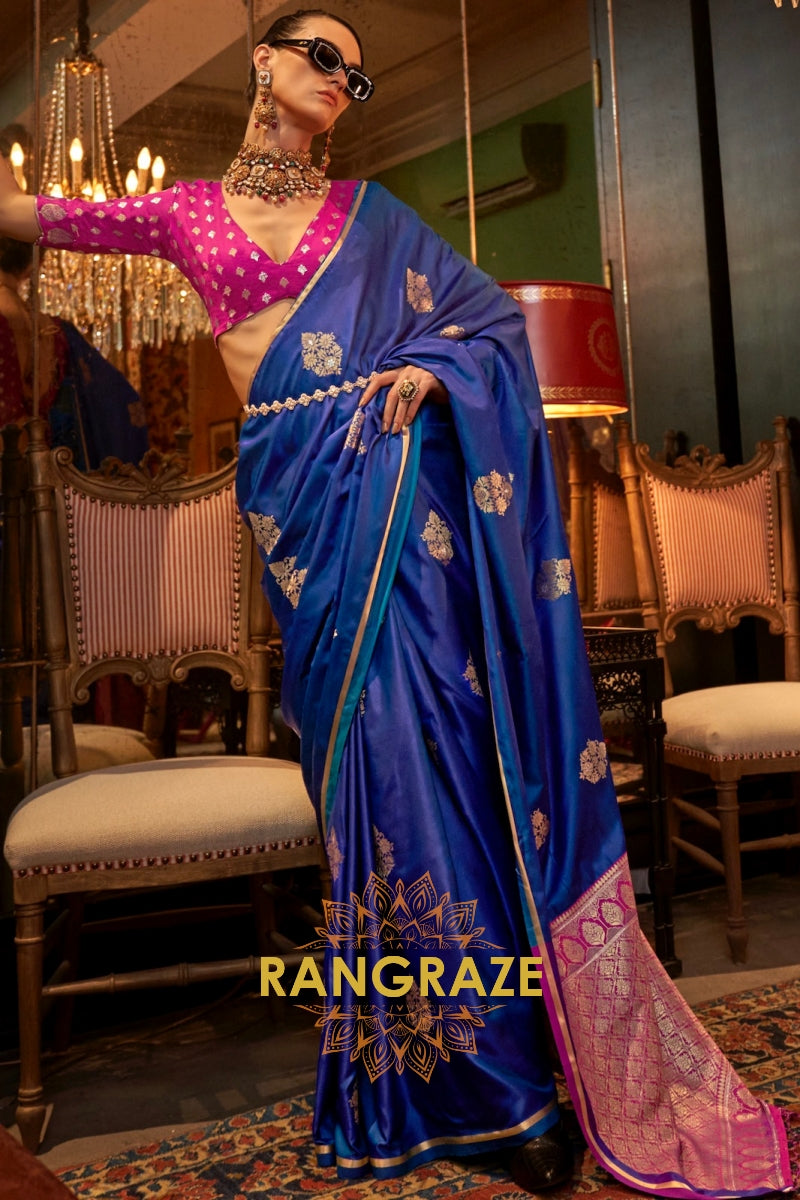 Navy Blue Banarasi Satin Silk Saree with Contrast Blouse