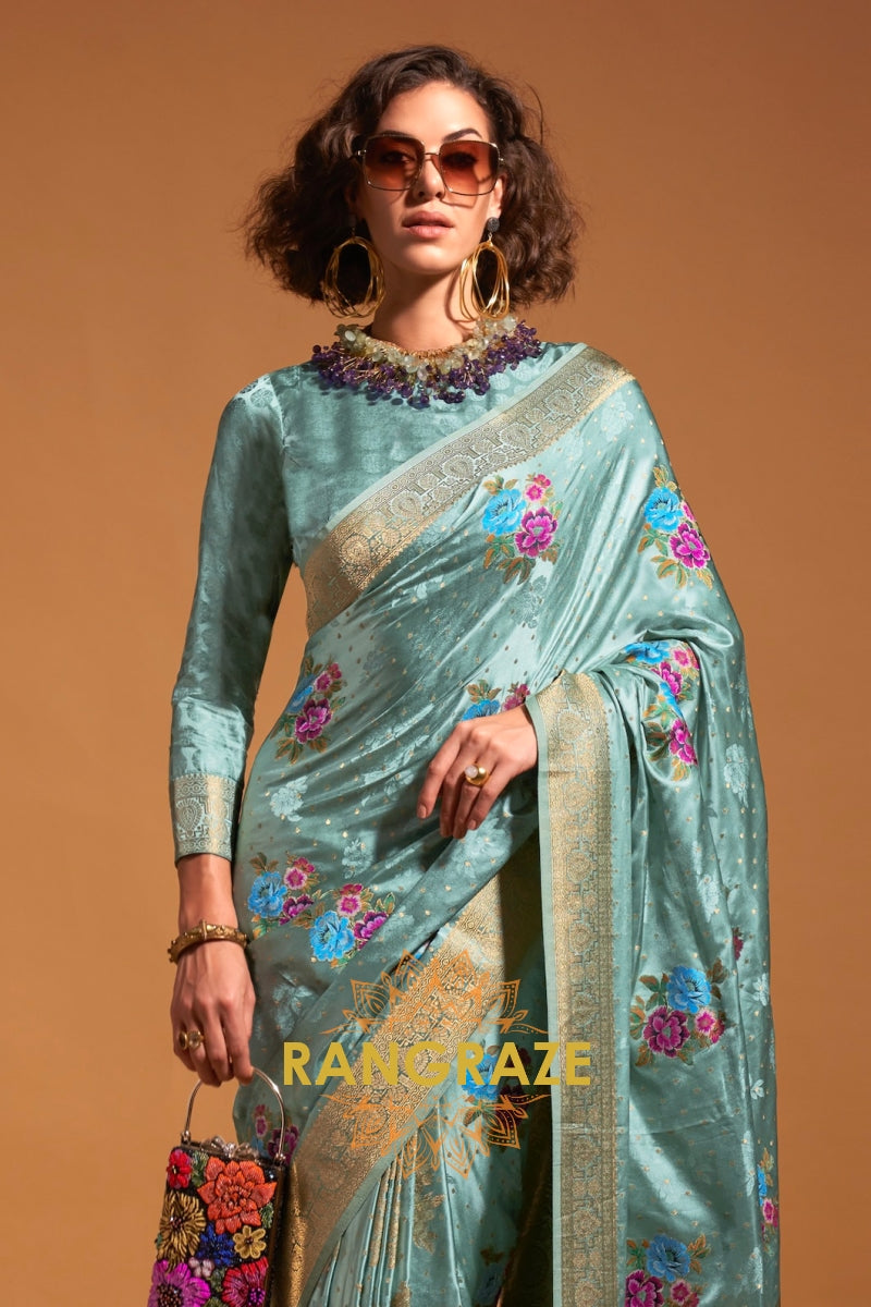 Mint Mist Woven Banarasi Satin Silk Saree