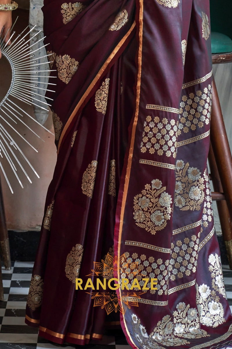 Wine Purple Woven Banarasi Satin Silk Saree