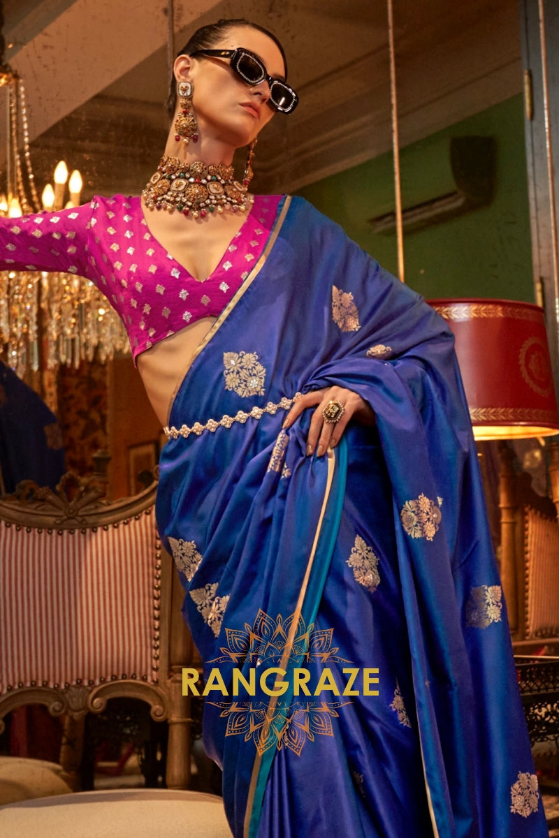Navy Blue Banarasi Satin Silk Saree with Contrast Blouse