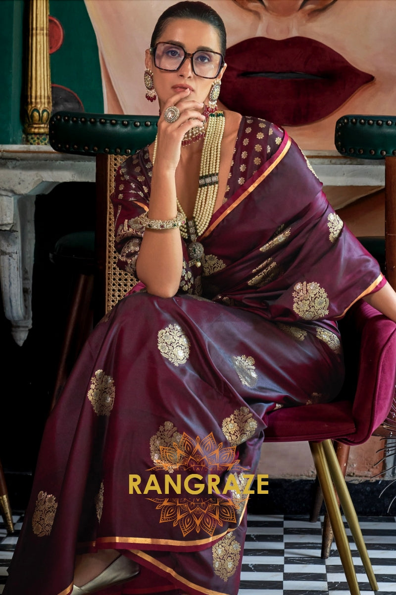 Wine Purple Woven Banarasi Satin Silk Saree