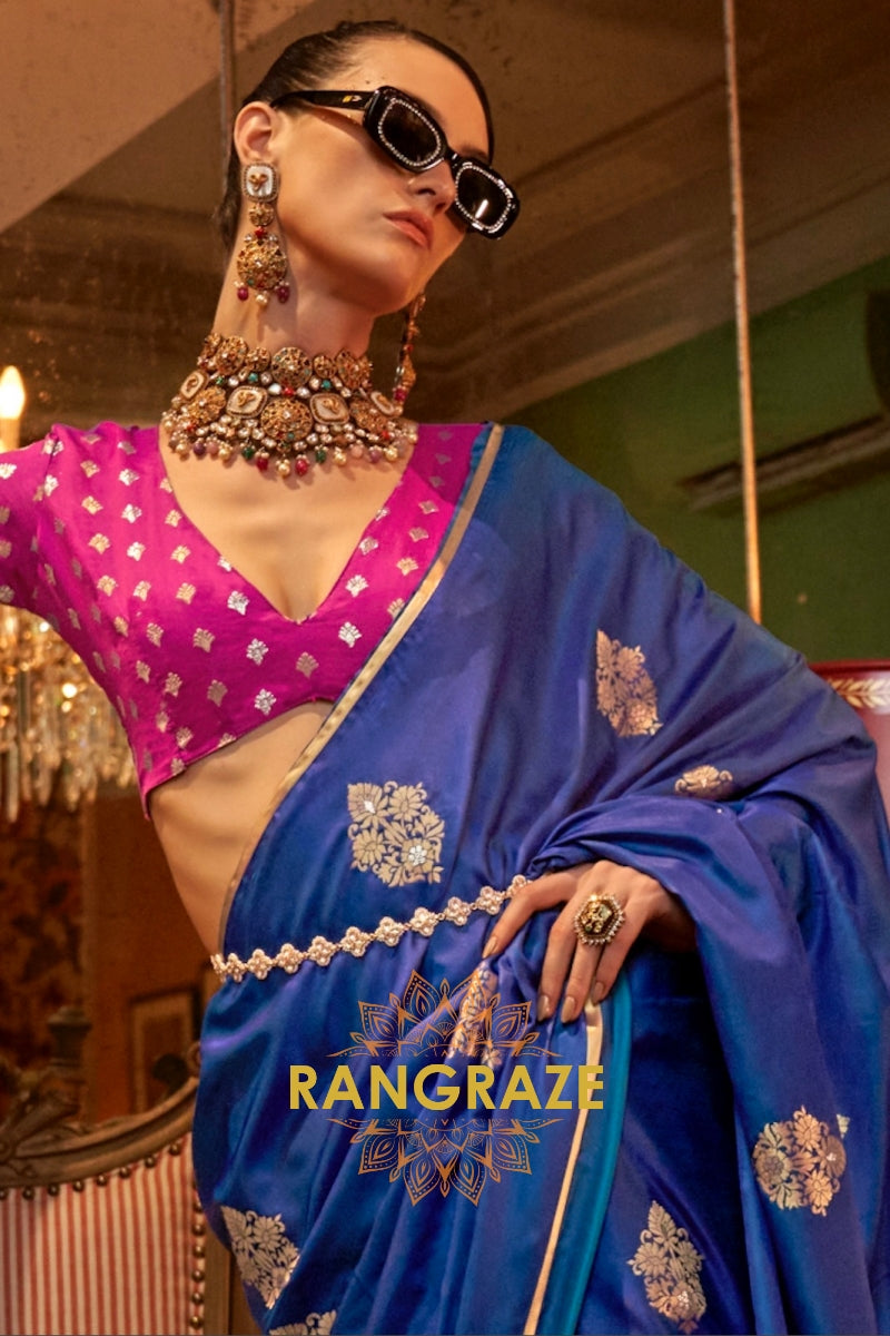 Navy Blue Banarasi Satin Silk Saree with Contrast Blouse
