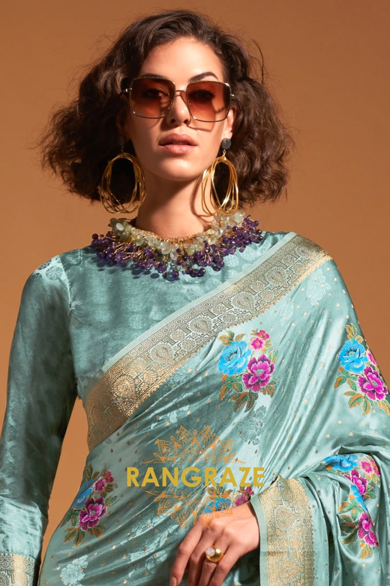 Mint Mist Woven Banarasi Satin Silk Saree