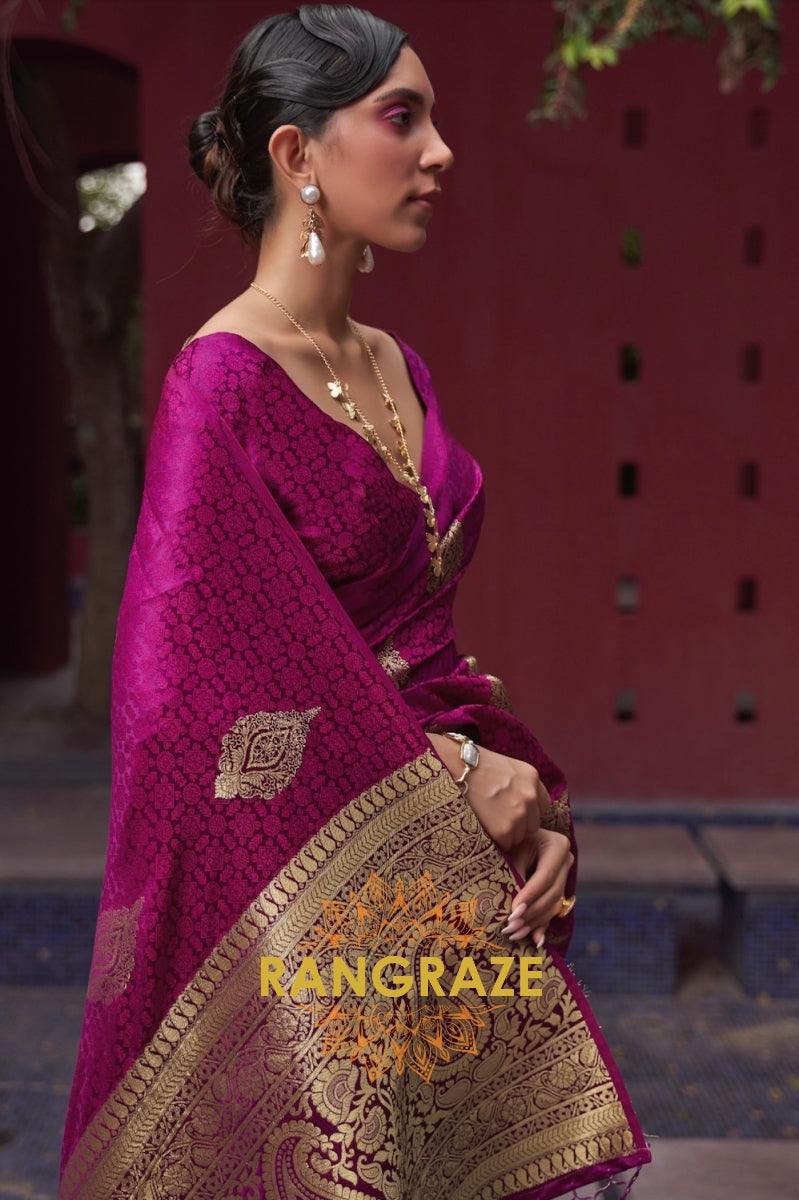 Salmon Pink Banarasi Woven Satin Silk Saree