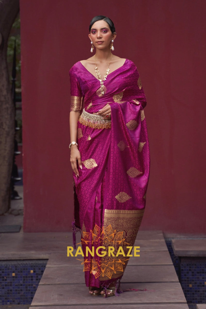 Salmon Pink Banarasi Woven Satin Silk Saree