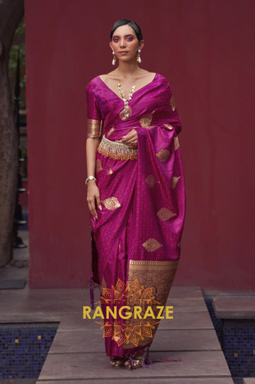 Salmon Pink Banarasi Woven Satin Silk Saree