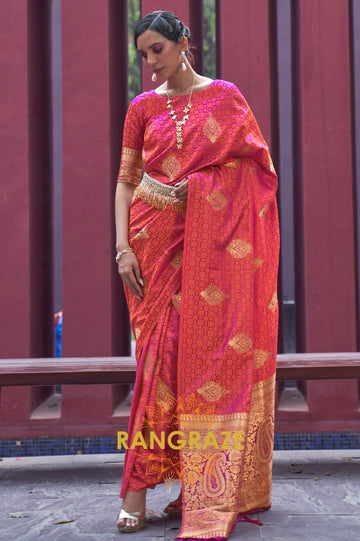 Apricot Orange Banarasi Woven Satin Silk Saree