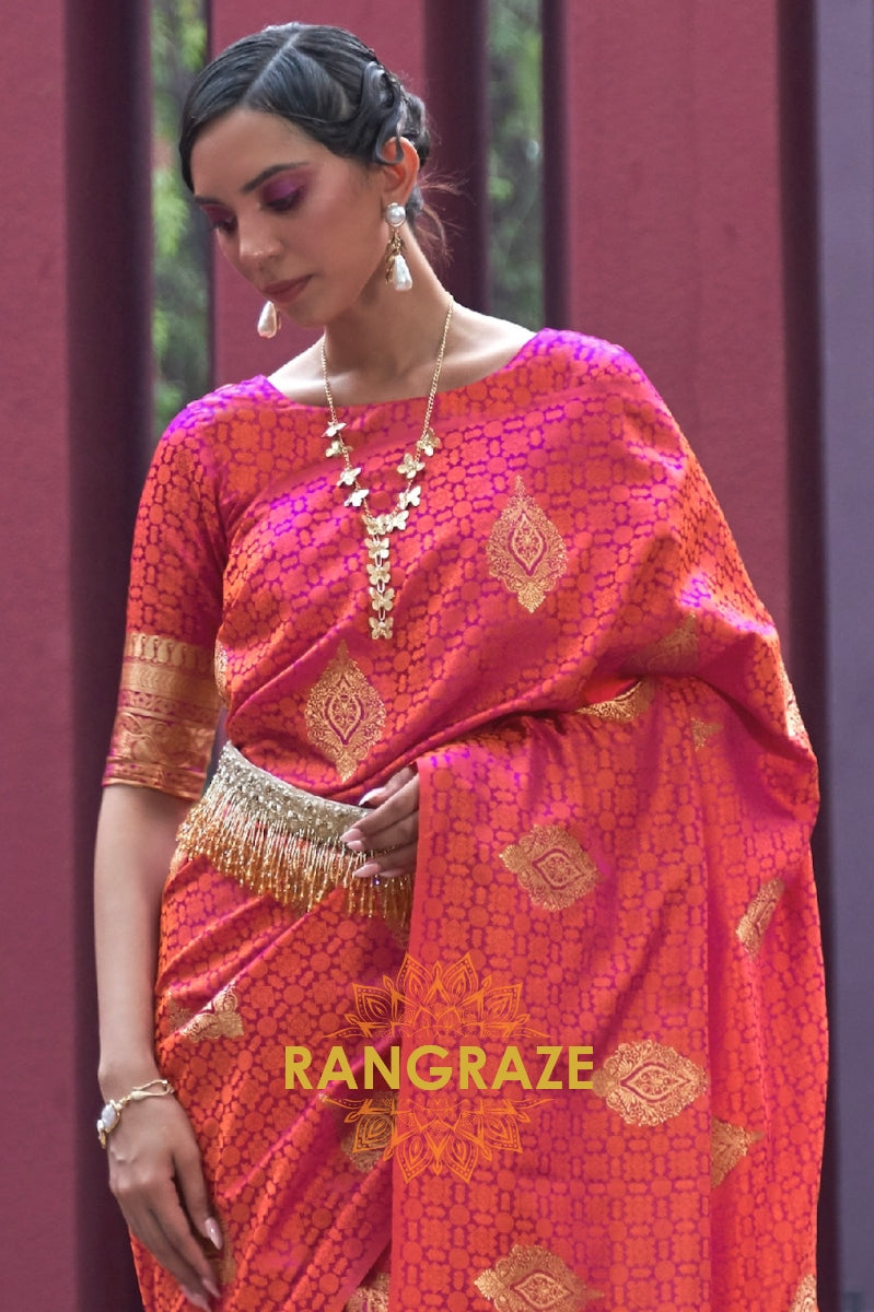 Apricot Orange Banarasi Woven Satin Silk Saree