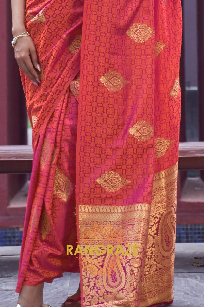 Apricot Orange Banarasi Woven Satin Silk Saree