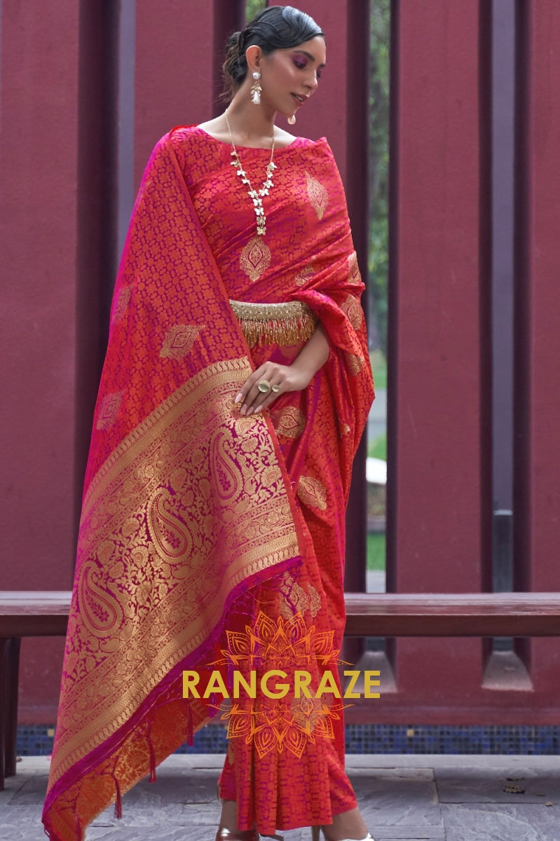 Apricot Orange Banarasi Woven Satin Silk Saree