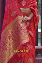 Apricot Orange Banarasi Woven Satin Silk Saree