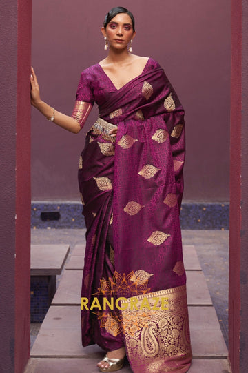 Dark Maroon Banarasi Woven Satin Silk Saree