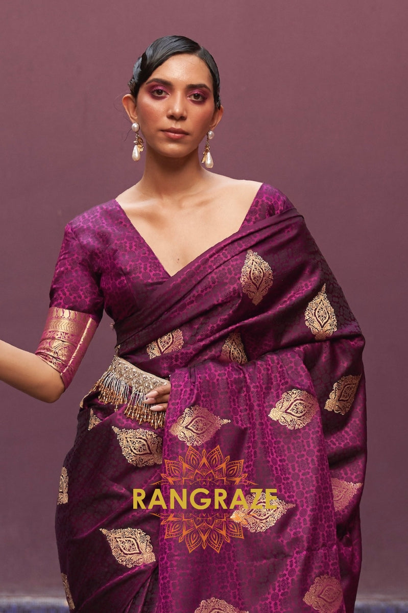 Dark Maroon Banarasi Woven Satin Silk Saree