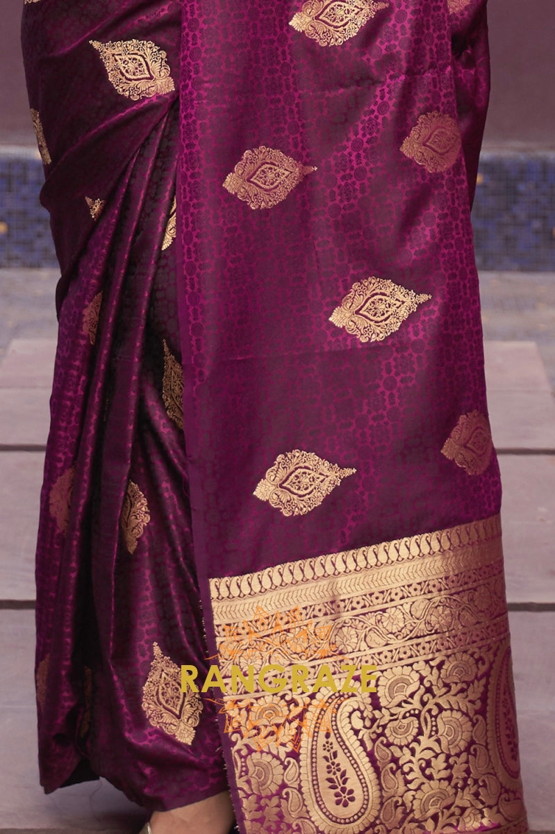 Dark Maroon Banarasi Woven Satin Silk Saree
