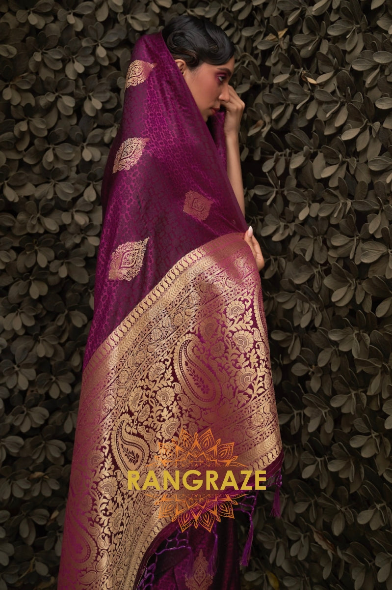 Dark Maroon Banarasi Woven Satin Silk Saree