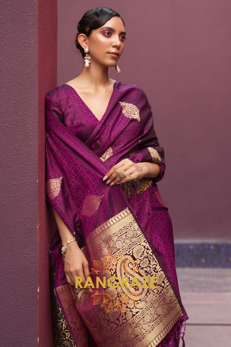 Dark Maroon Banarasi Woven Satin Silk Saree