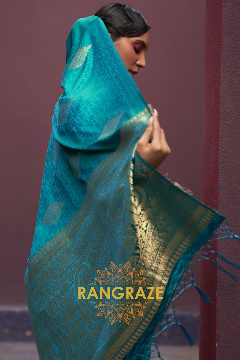 Turquoise Green Banarasi Woven Satin Silk Saree