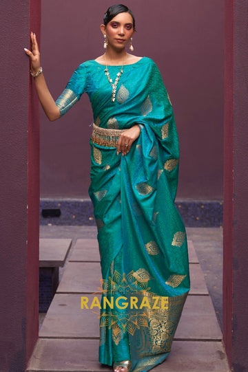 Turquoise Green Banarasi Woven Satin Silk Saree