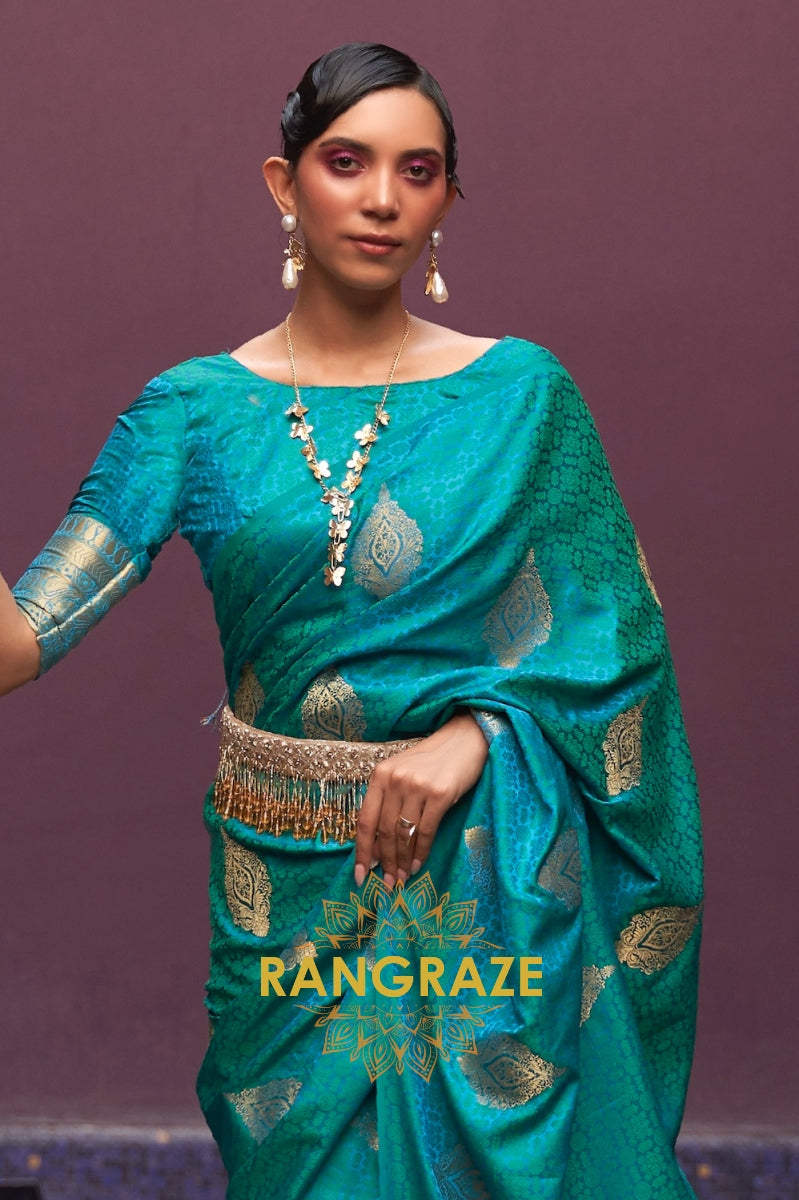 Turquoise Green Banarasi Woven Satin Silk Saree