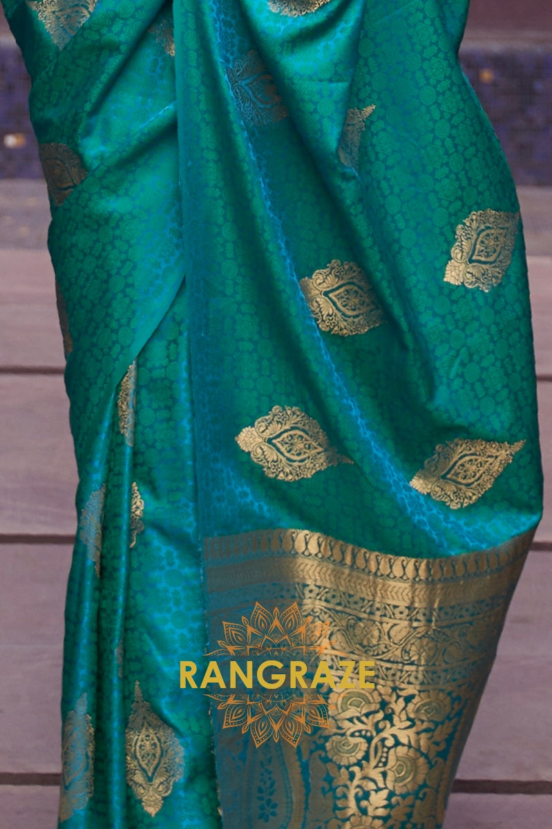 Turquoise Green Banarasi Woven Satin Silk Saree