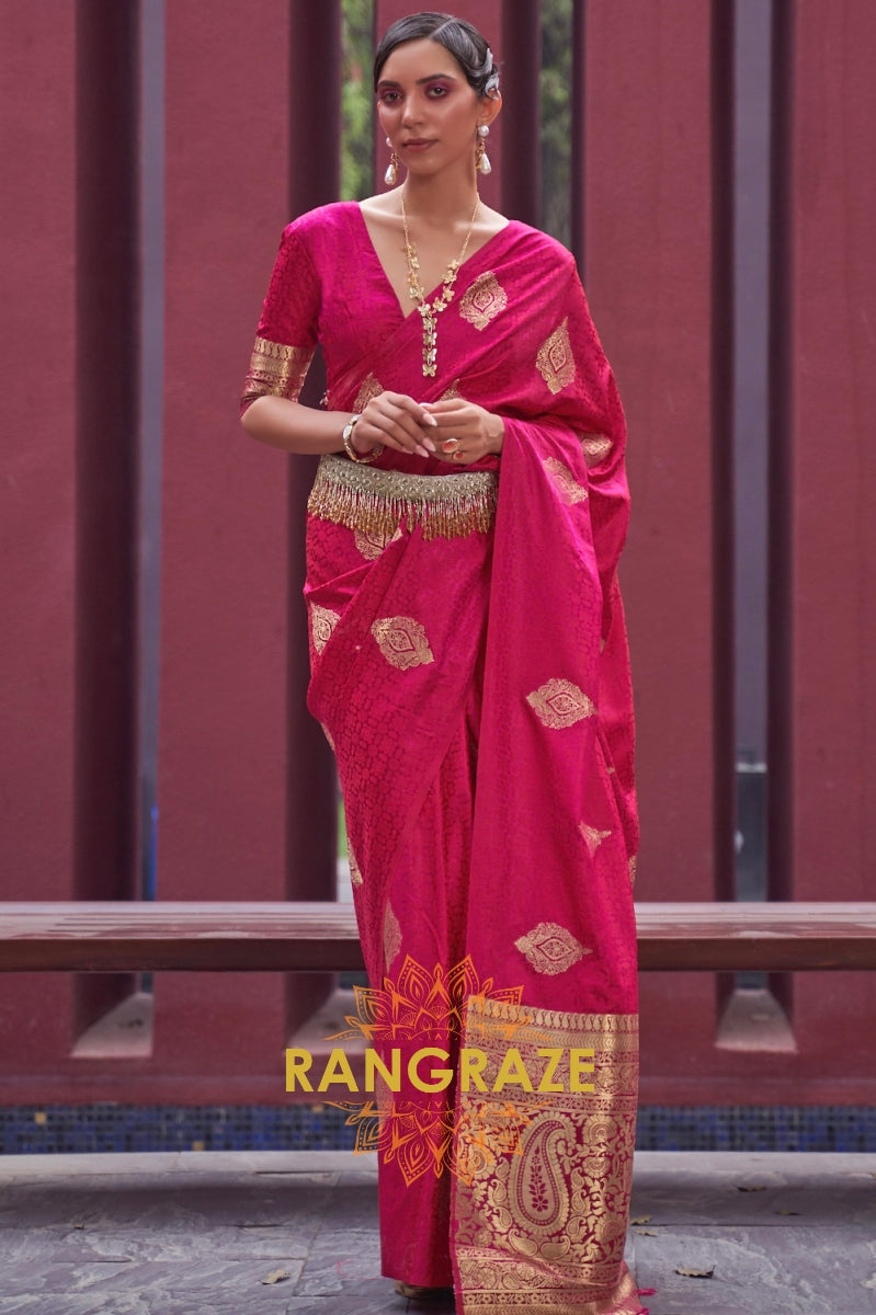 Magenta Red Banarasi Woven Satin Silk Saree