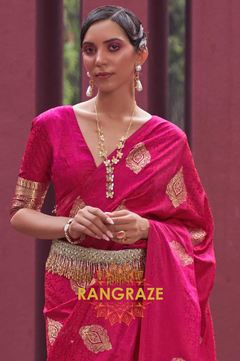 Magenta Red Banarasi Woven Satin Silk Saree