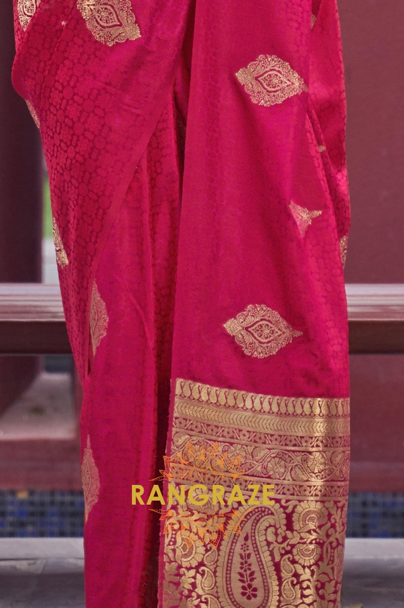 Magenta Red Banarasi Woven Satin Silk Saree