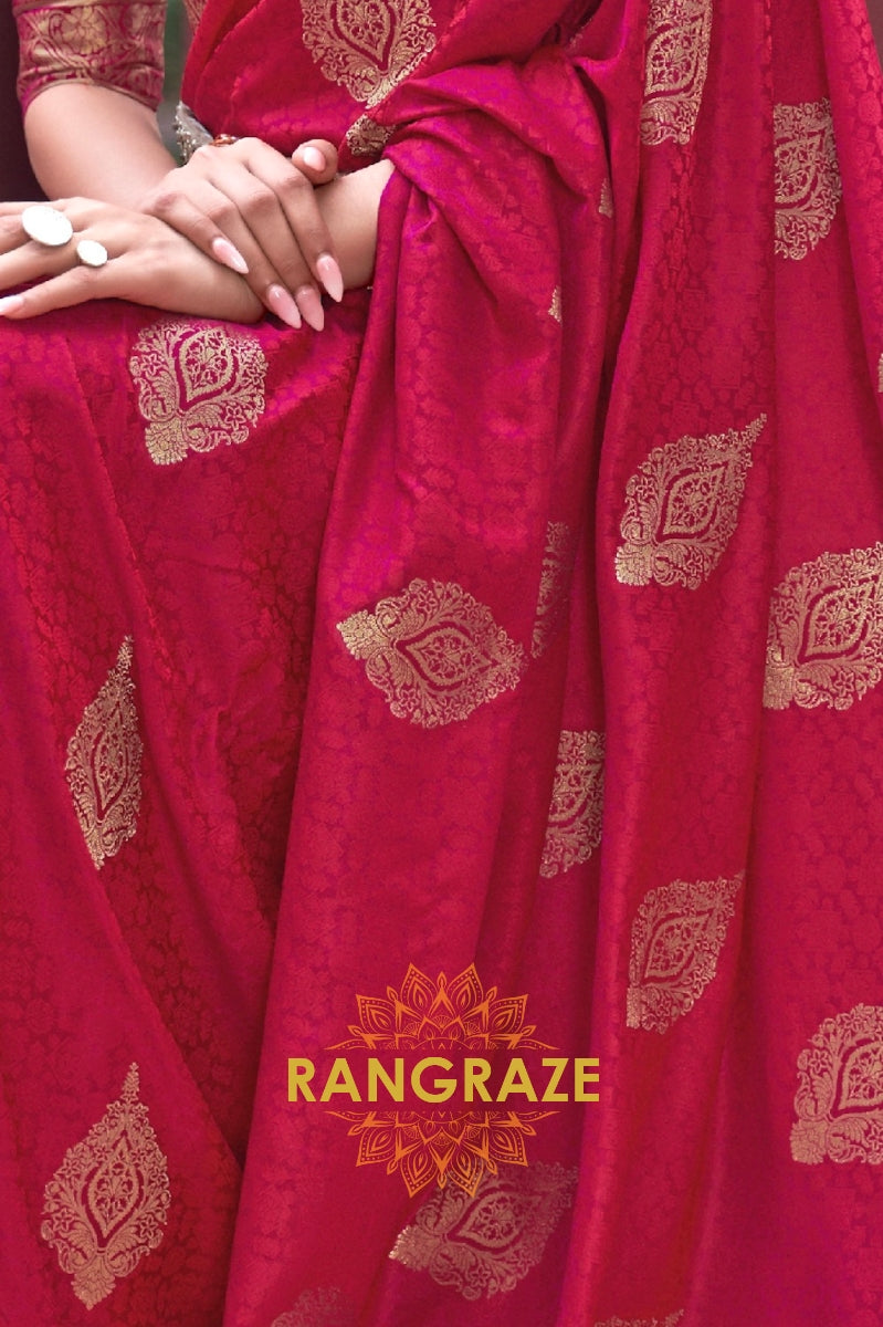 Magenta Red Banarasi Woven Satin Silk Saree
