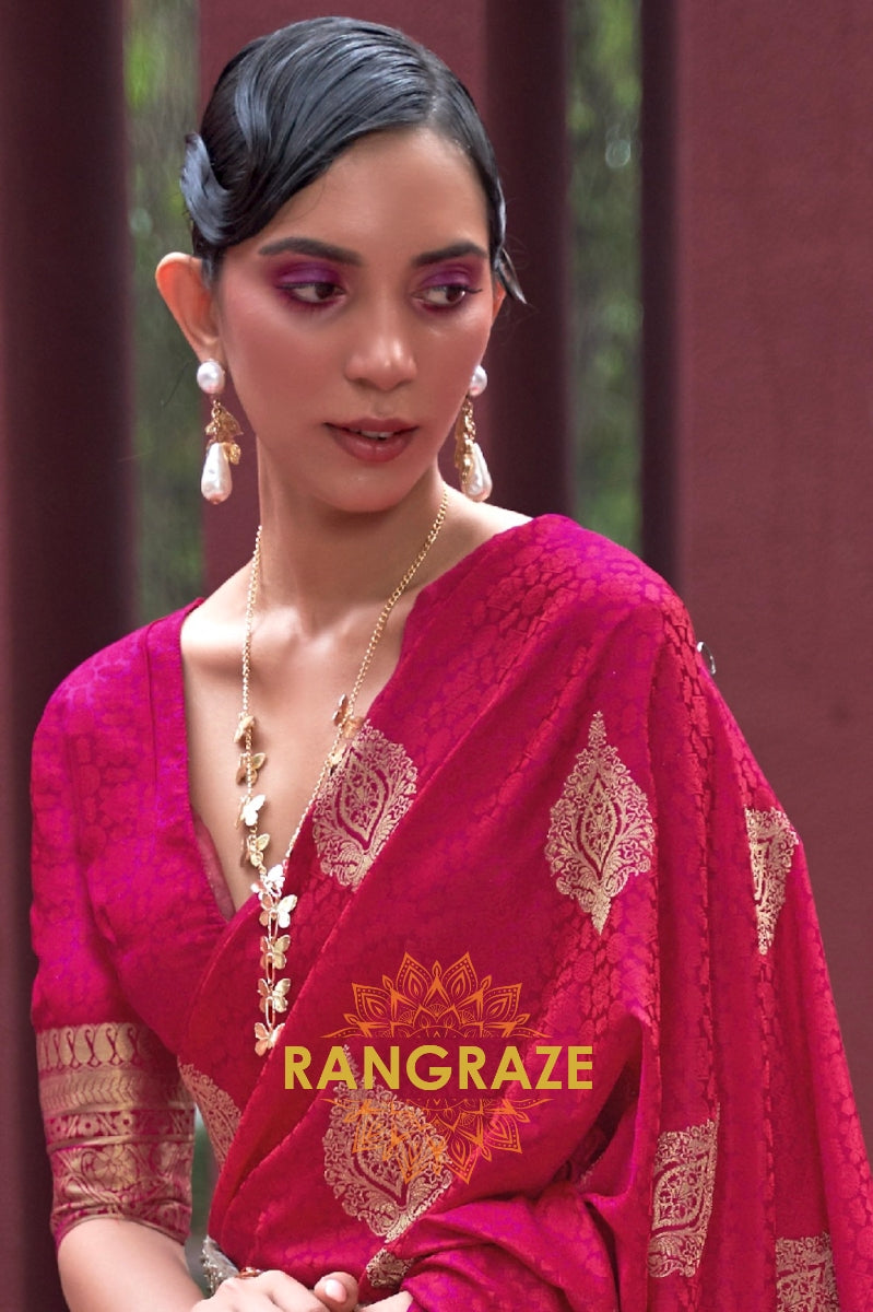 Magenta Red Banarasi Woven Satin Silk Saree