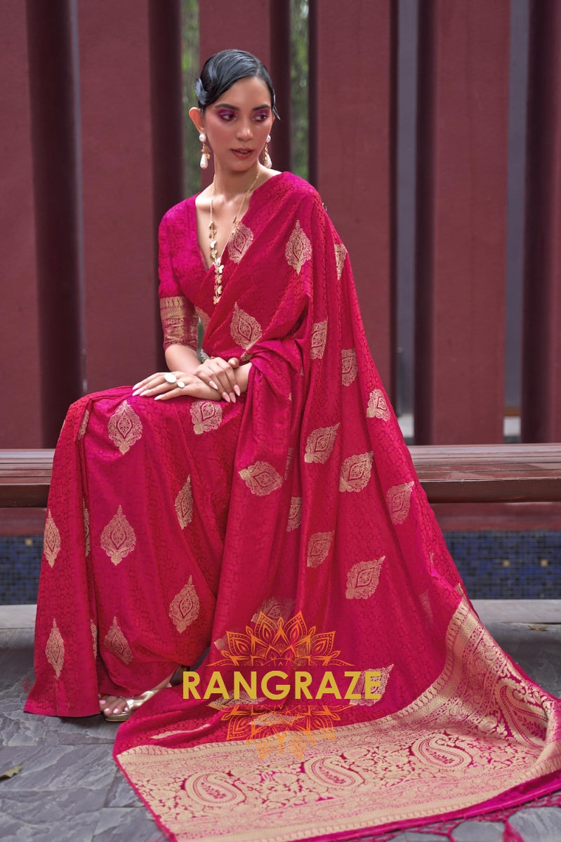 Magenta Red Banarasi Woven Satin Silk Saree