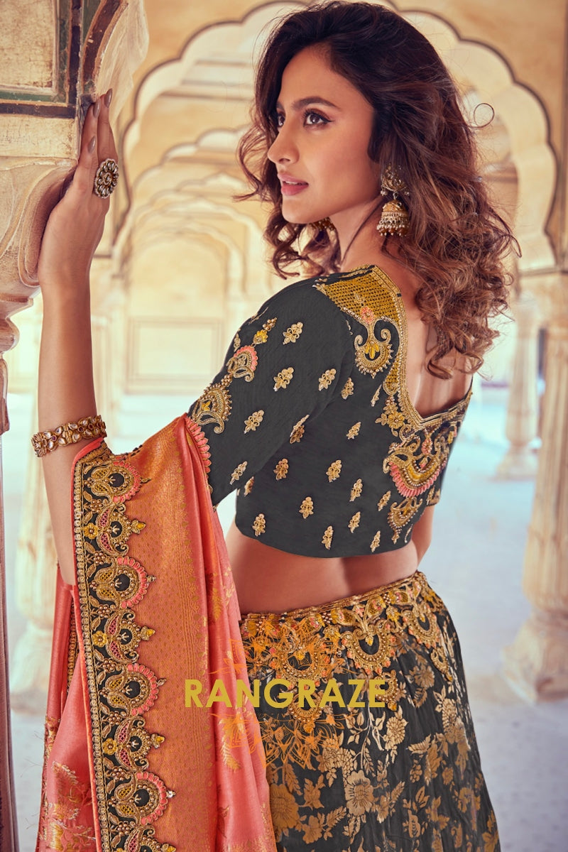 Charcoal Grey and Sunset Orange Embroidered Lehenga – A Royal Blend of Heritage and Grace