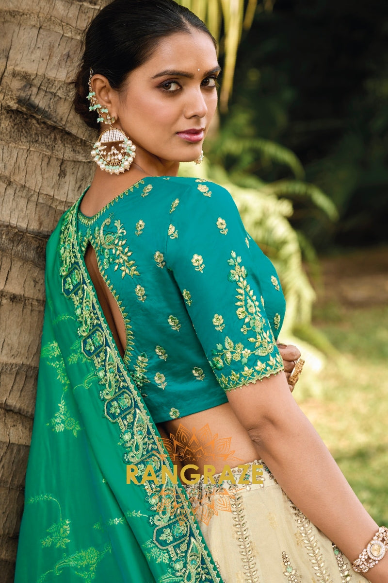 Enchanted Emerald Banarasi Silk Lehenga Set – The Essence of Royalty