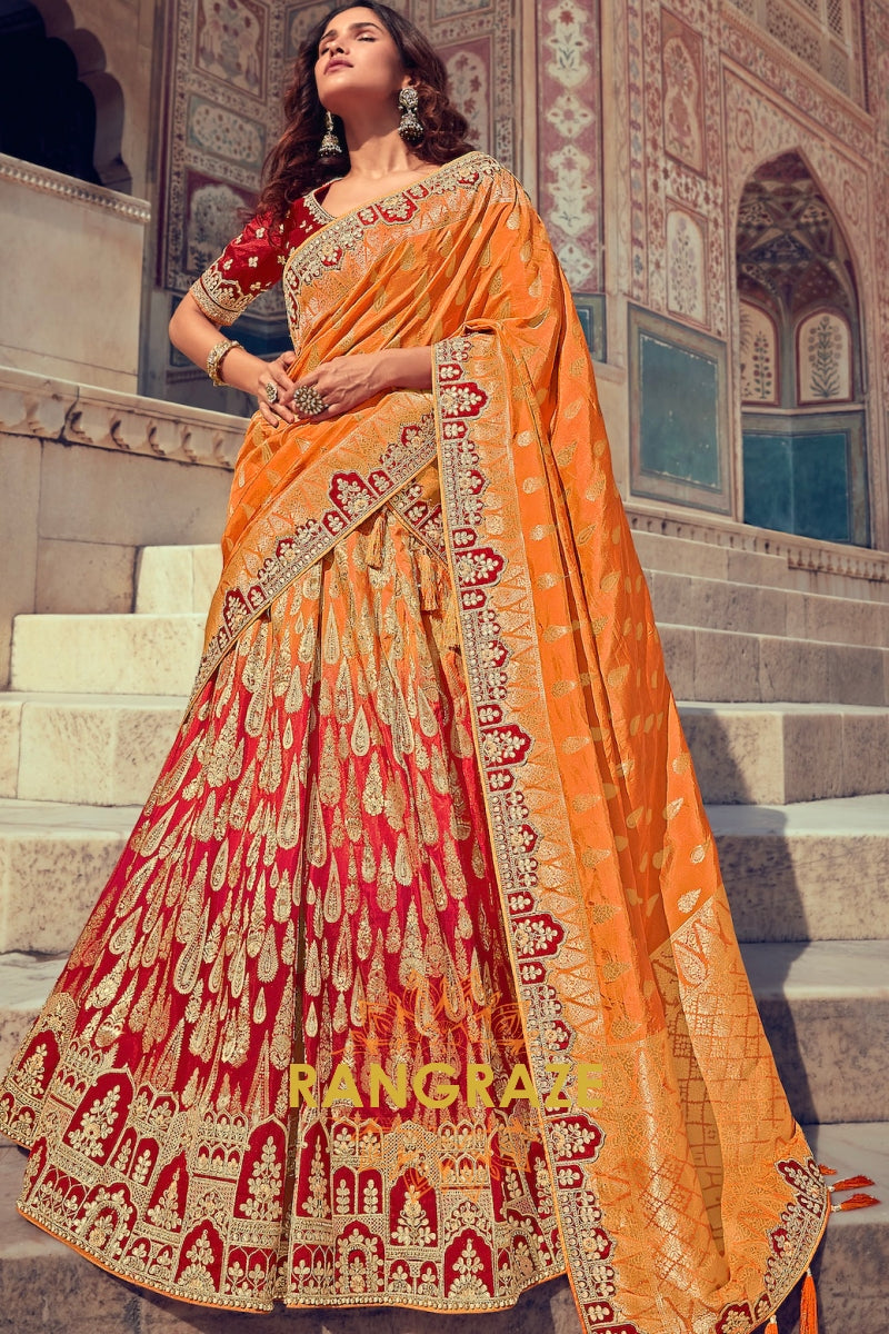 Fiery Red and Orange Banarasi Silk Lehenga – A Royal Heritage Ensemble
