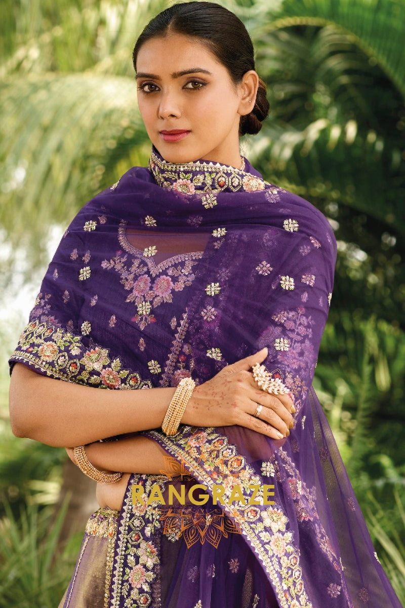 Majestic Royal Purple Banarasi Silk Lehenga – A Regal Tapestry