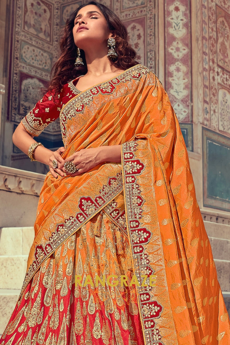 Fiery Red and Orange Banarasi Silk Lehenga – A Royal Heritage Ensemble