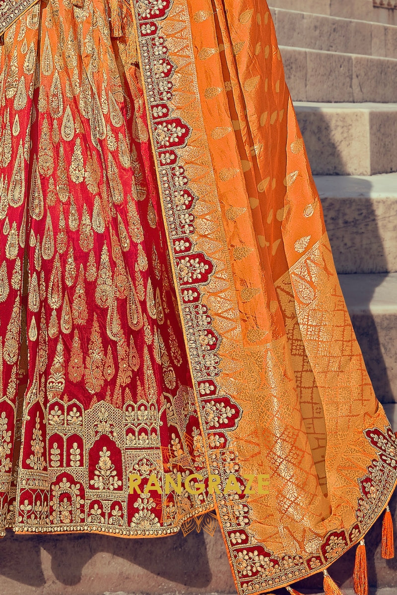 Fiery Red and Orange Banarasi Silk Lehenga – A Royal Heritage Ensemble