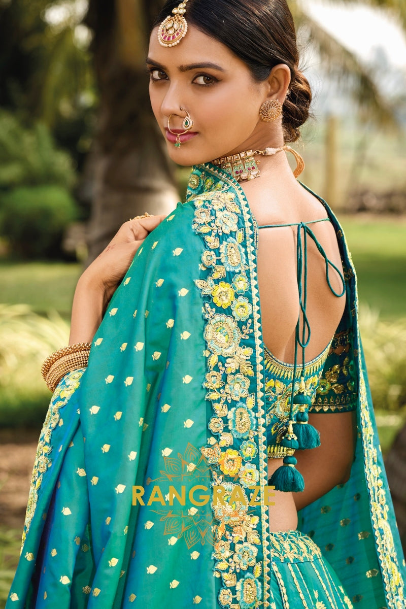 Regal Green Banarasi Silk Lehenga – A Majestic Embrace of Tradition