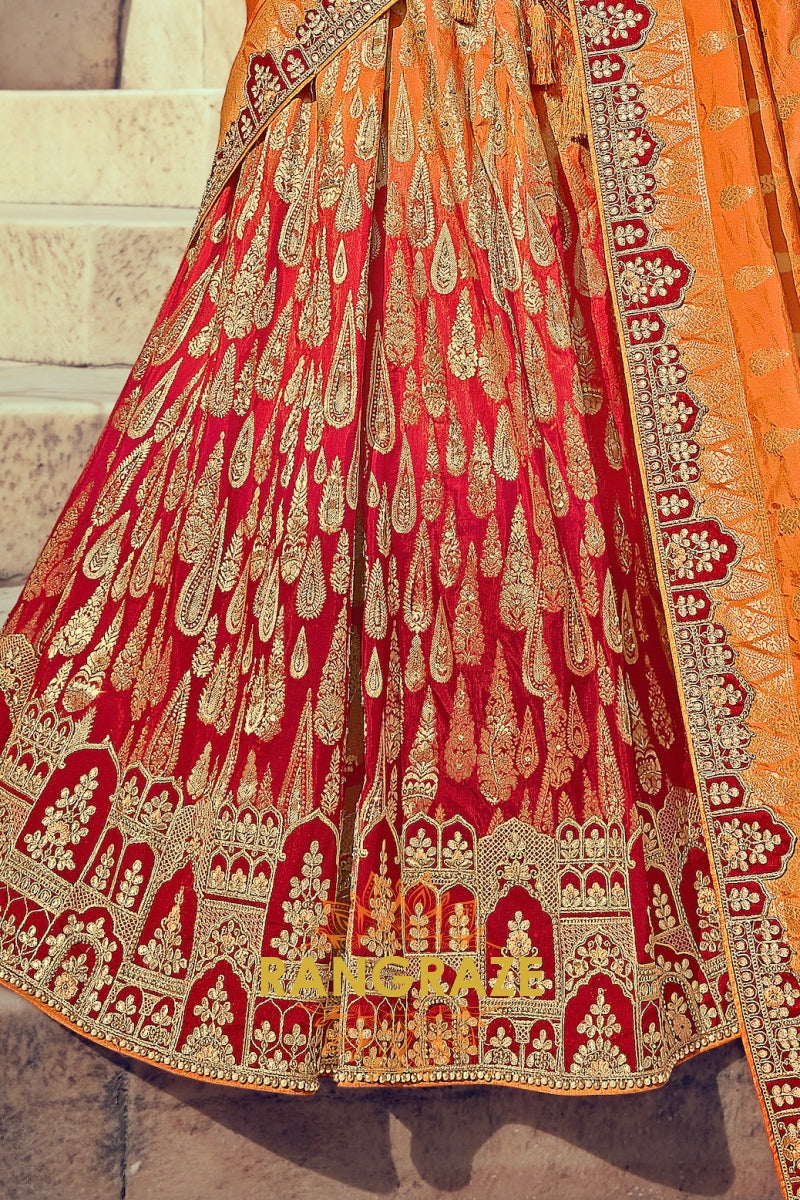 Fiery Red and Orange Banarasi Silk Lehenga – A Royal Heritage Ensemble